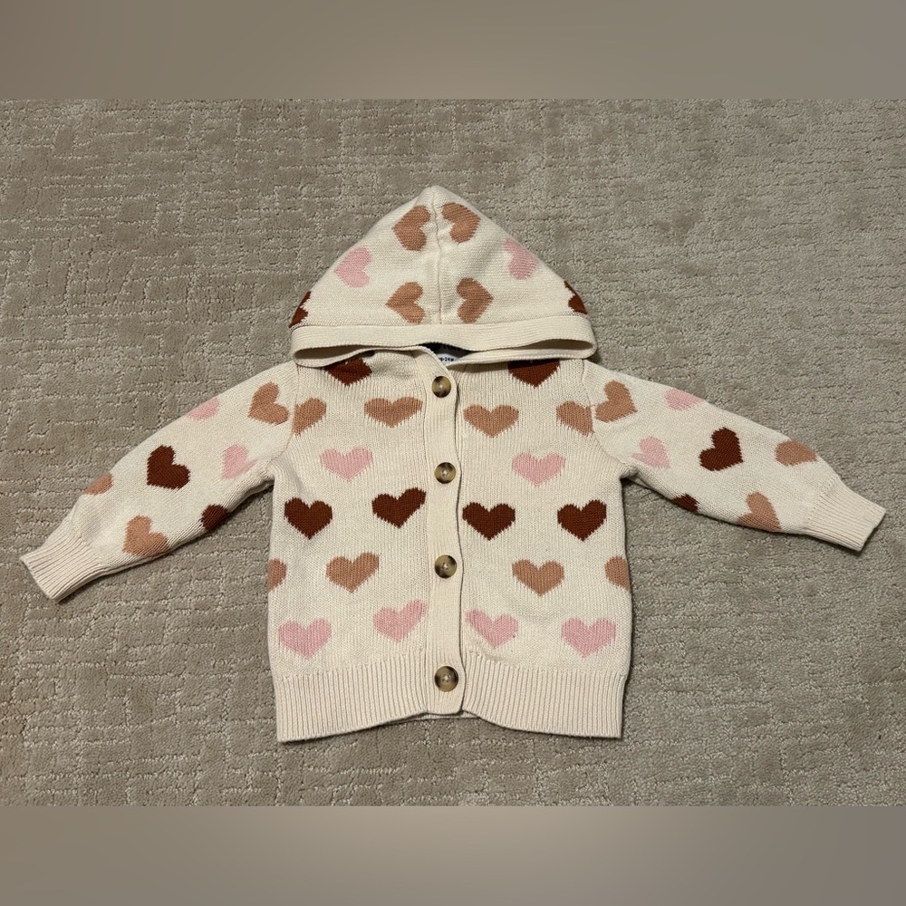 Old Navy Baby Girl Heart Print Hood Knit Cardigan Sweater 18-24